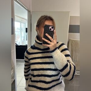 Promod Navy and Cream Striped Turtleneck Sweater